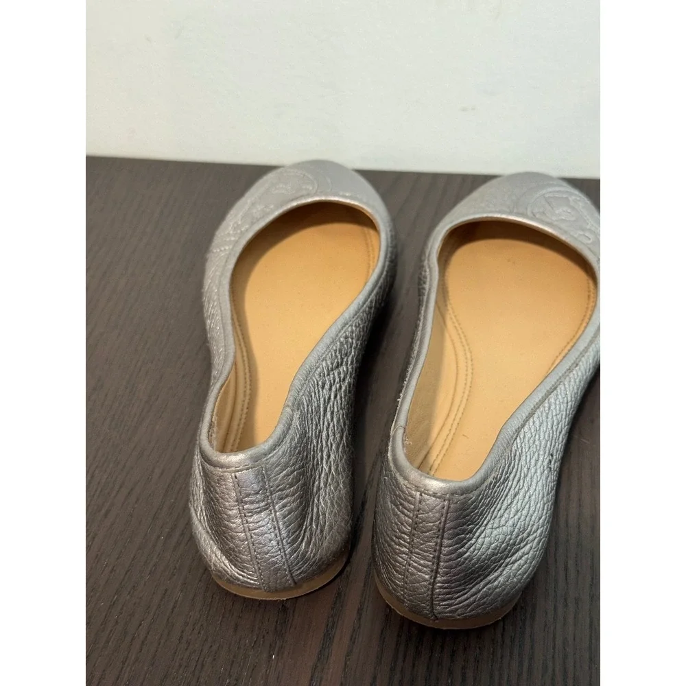 Tory Burch Reva Stitched Logo Ballet Flats Womens 6.5M Silver Pebbled Leather